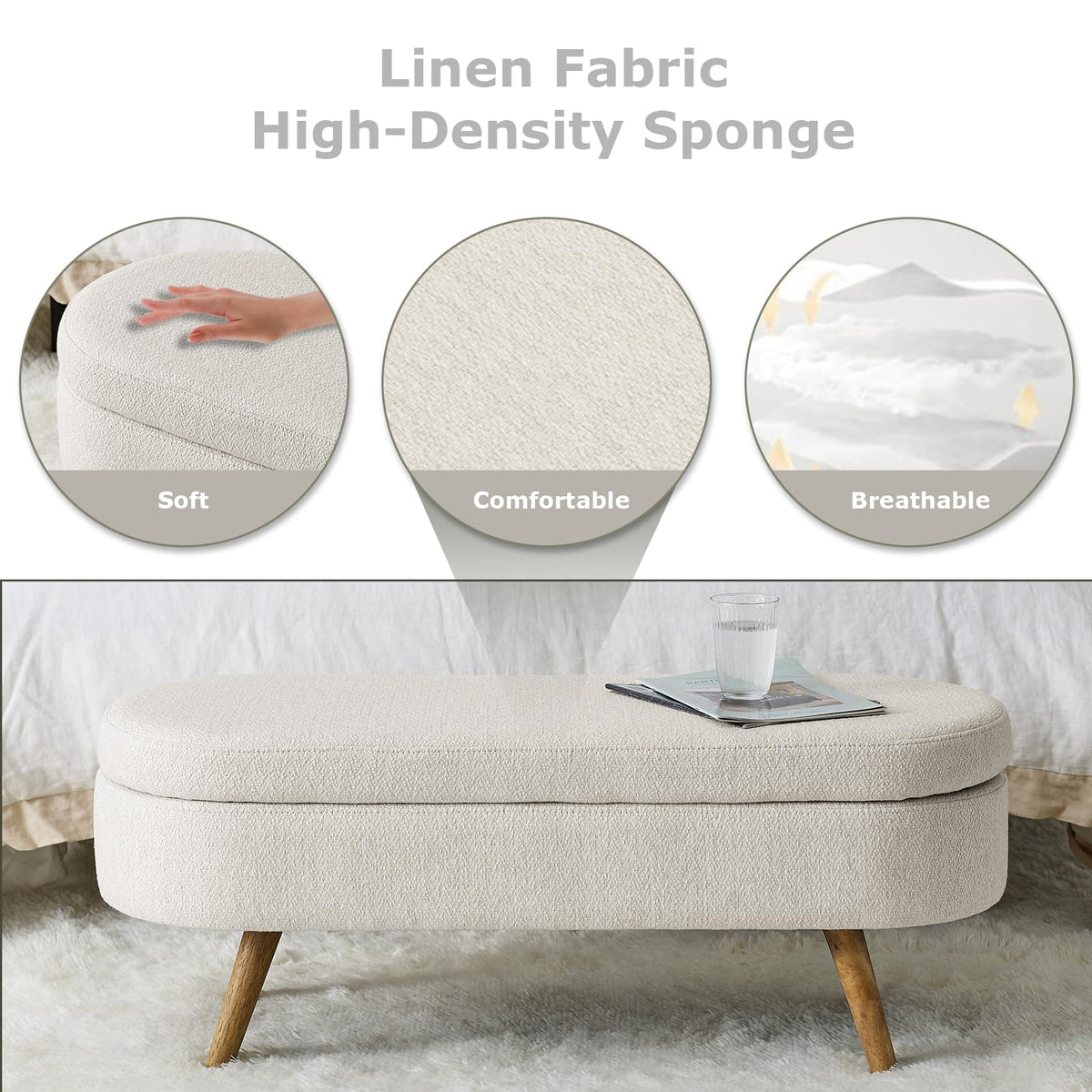 Oval Storage Bench Linen Fabric U6360