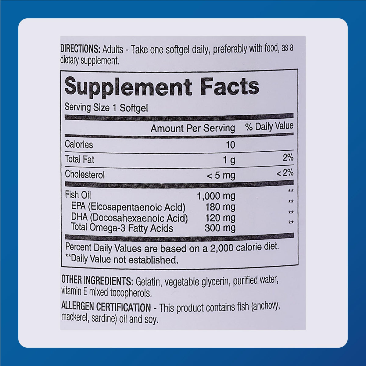 Omega-3 Fish Oil Supplement 1000mg 100 Softgels X6253