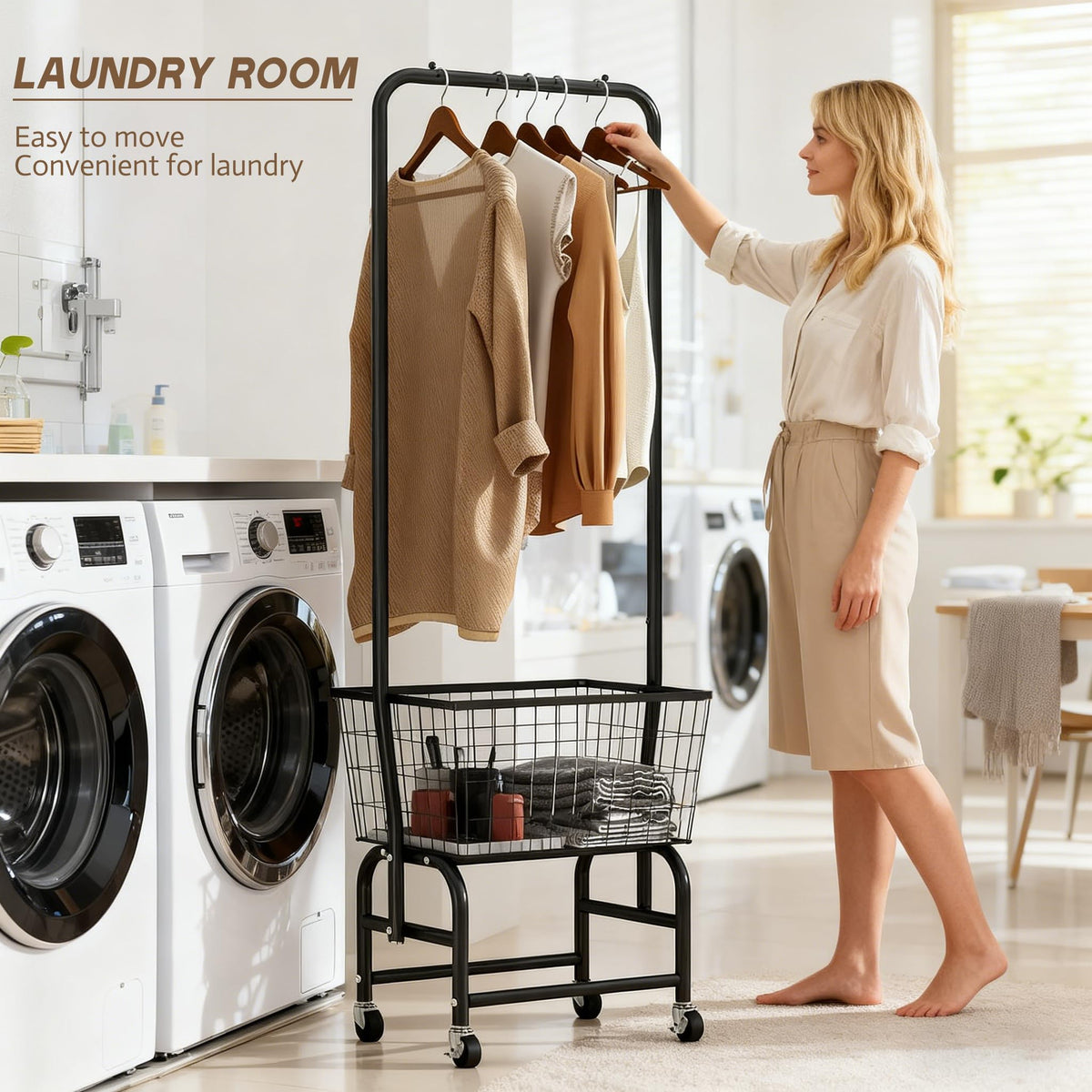 Black Rolling Laundry Cart with Hanging Rack K570642