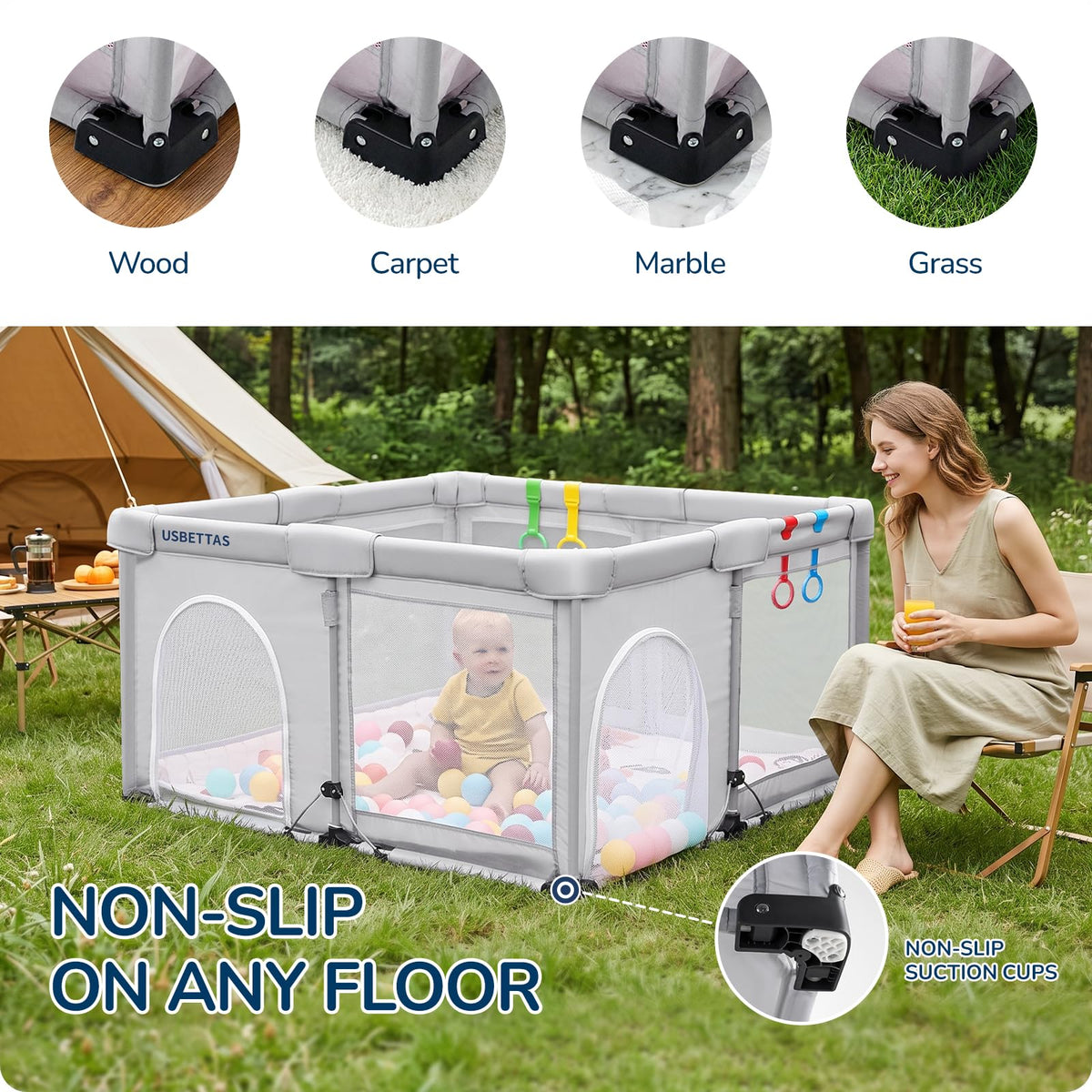 Foldable Lightweight Portable Playpen with Carry Bag, 50"x50" Light Gray D2097