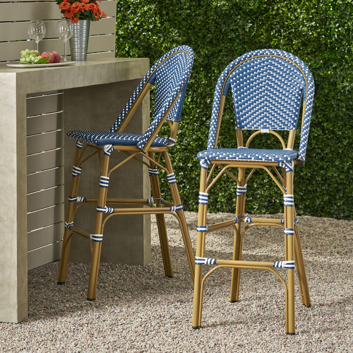 29.5" H Outdoor Bar Stools Set of 2 PE Rattan Aluminum Dark Teal & White N69382