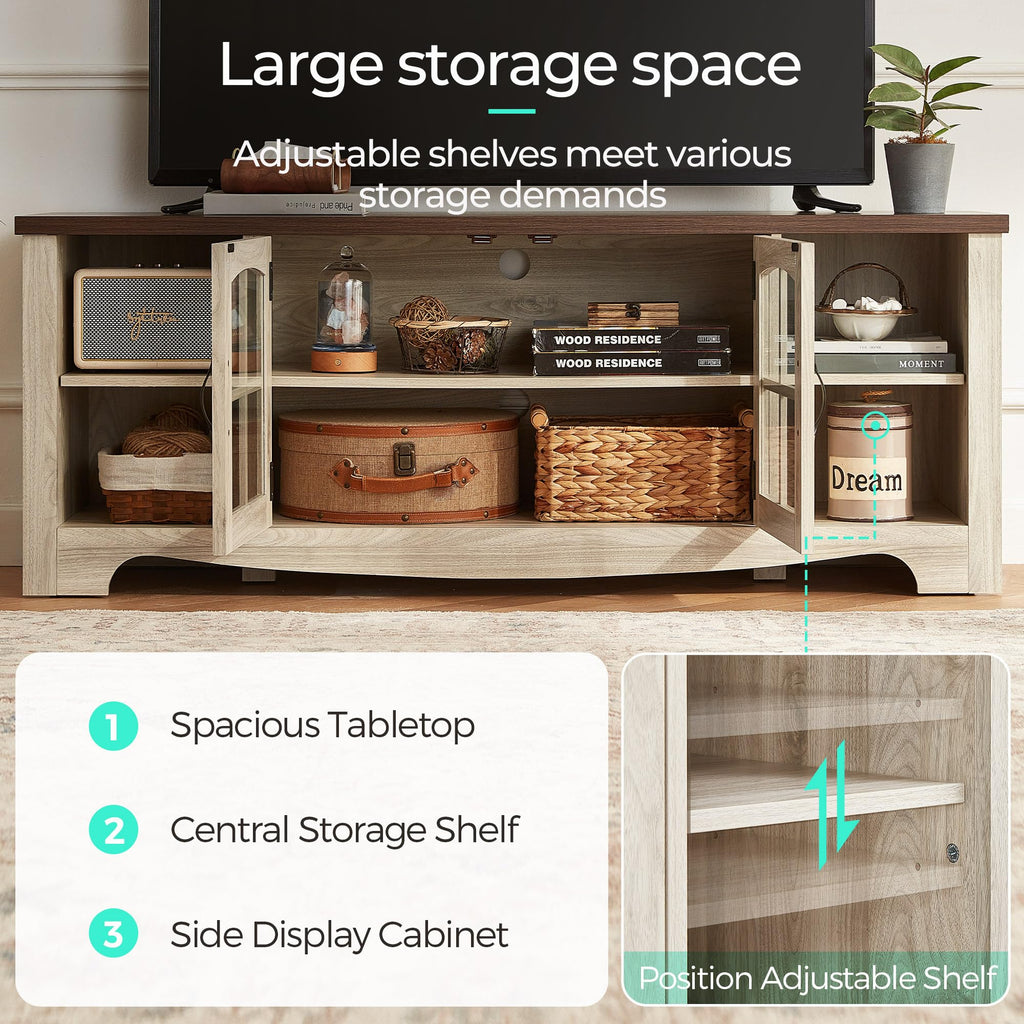 Farmhouse Wood TV Stand for 65 Inch TV with Glass Door Storage Cabinet J402522