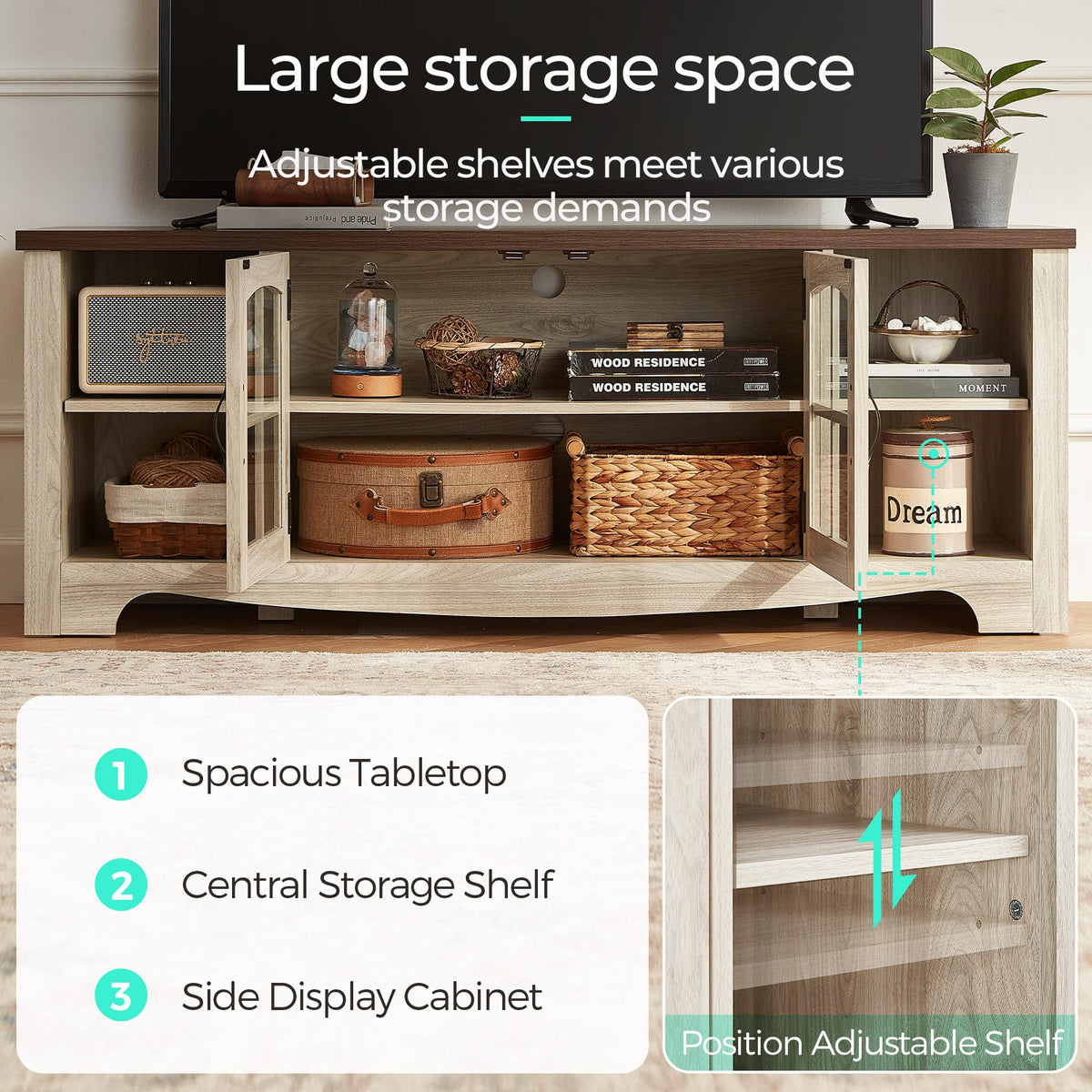 Farmhouse Wood TV Stand for 65 Inch TV with Glass Door Storage Cabinet J402522
