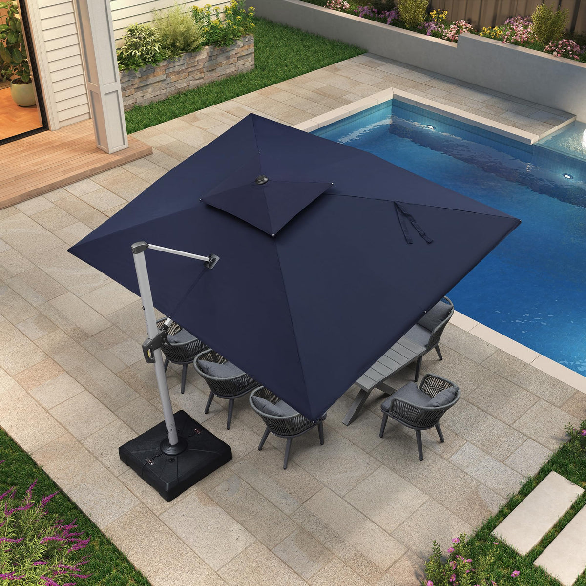 Navy Blue 9' X 12' Patio Cantilever Umbrella with Base D890