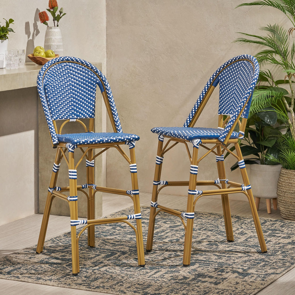 29.5" H Outdoor Bar Stools Set of 2 PE Rattan Aluminum Dark Teal & White N69382
