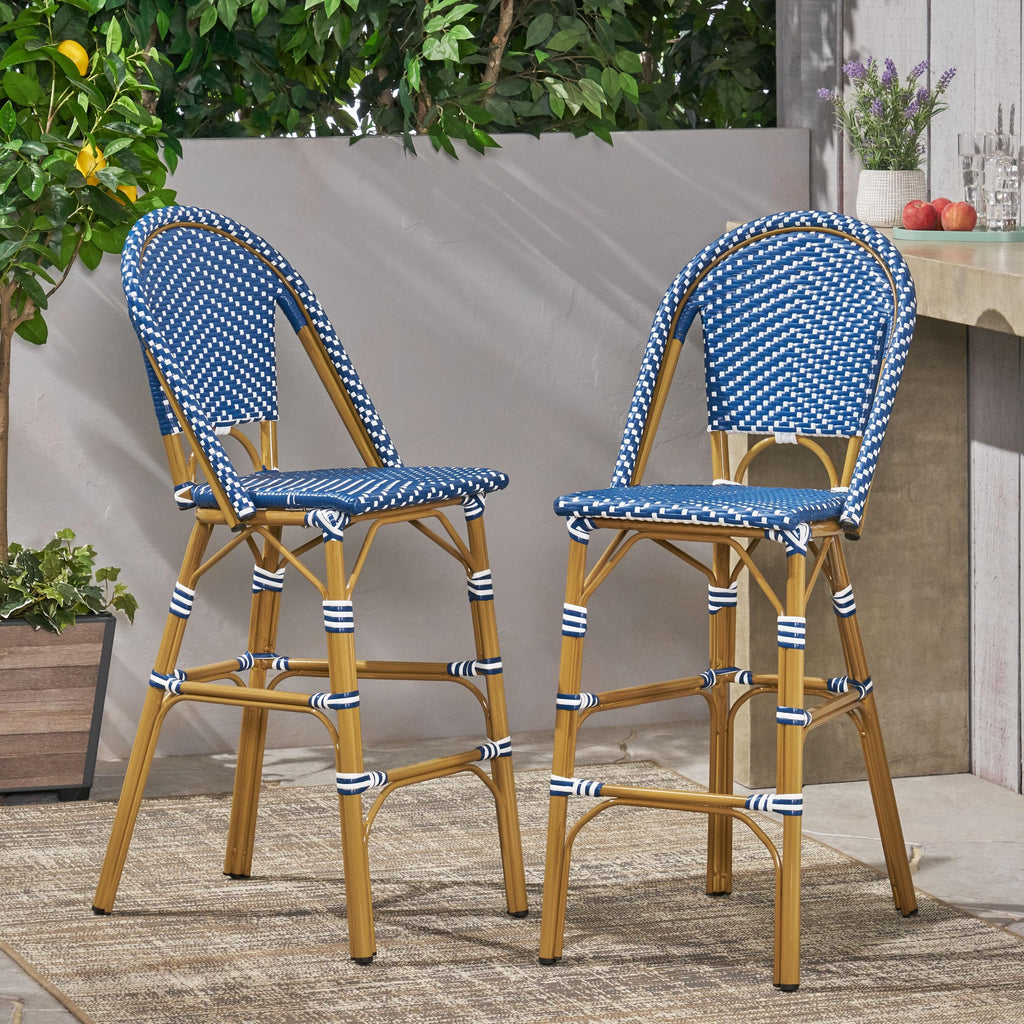 29.5" H Outdoor Bar Stools Set of 2 PE Rattan Aluminum Dark Teal & White N69382